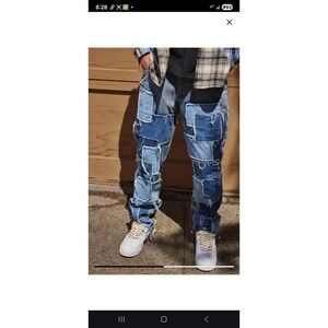 BoohooMAN Mens Patchwork Denim Jeans Blue Frayed Raw Edge Streetwear 32S